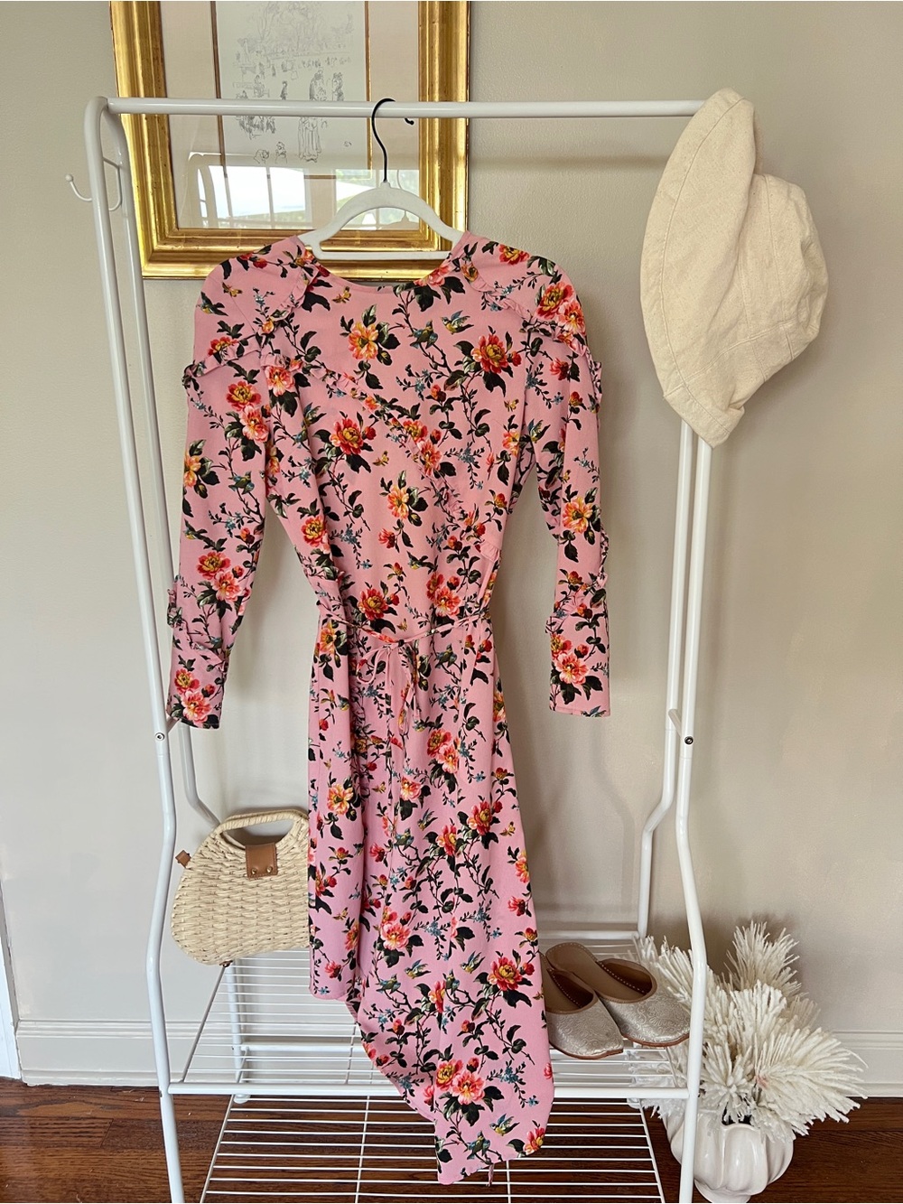 Topshop Pink Floral Long Sleeve Midi Dress with Waist Tie